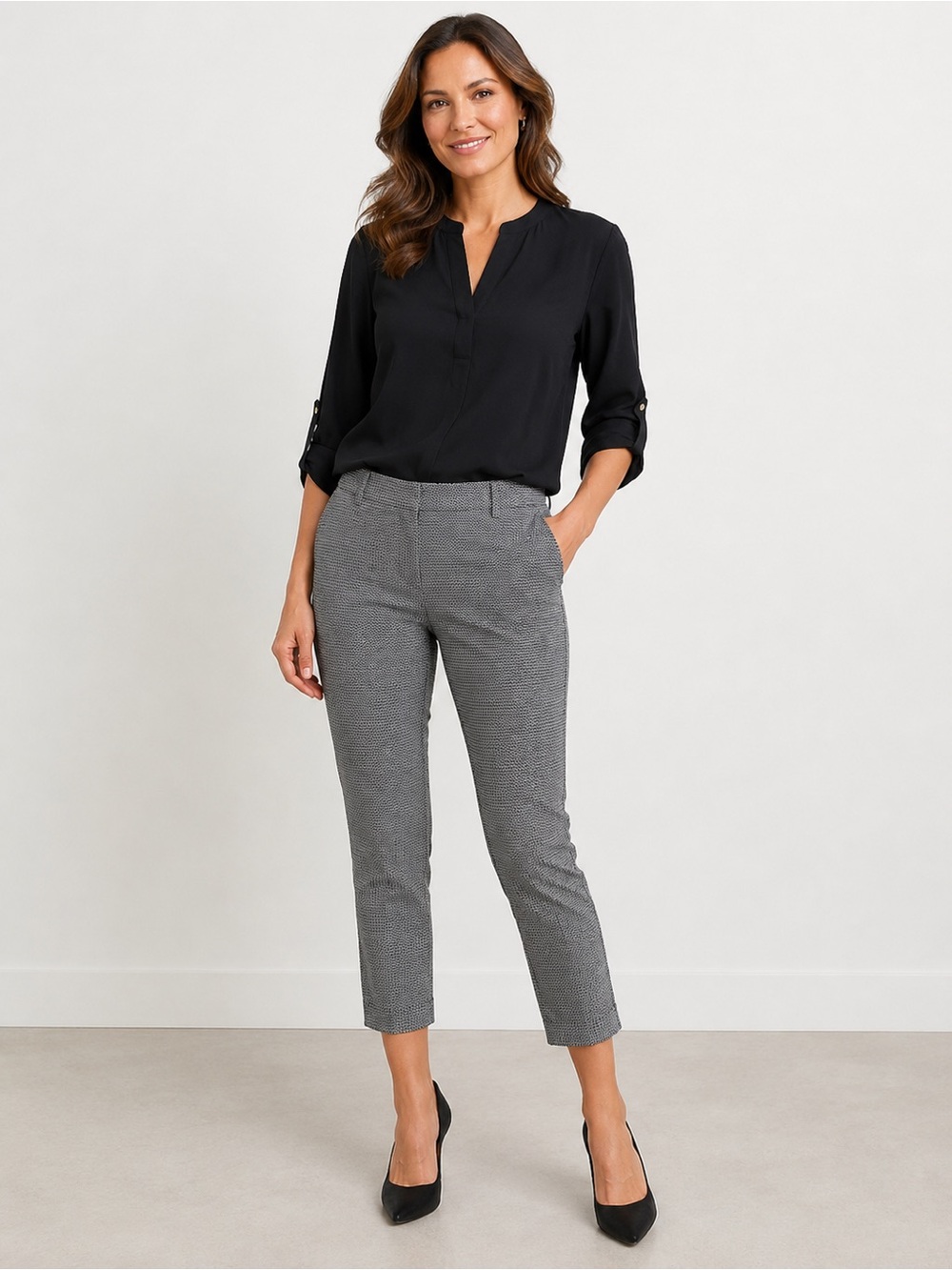 Hilary Radley Cropped Dress Pants – Black & White Geometric Print Size 14